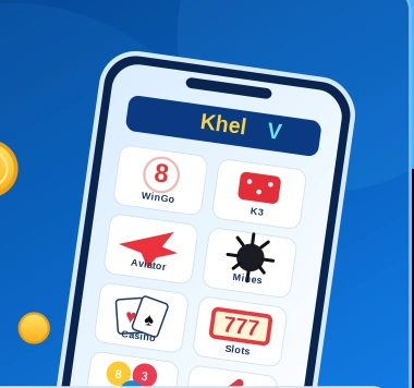 Khel V mobile phone illustration showing colorful game category tiles